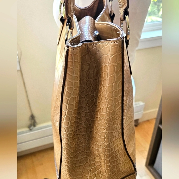 TOMMY HILFIGER Beige Croc Embossed Purse Satchel Double Strap Signature Hand Bag - Picture 2 of 7